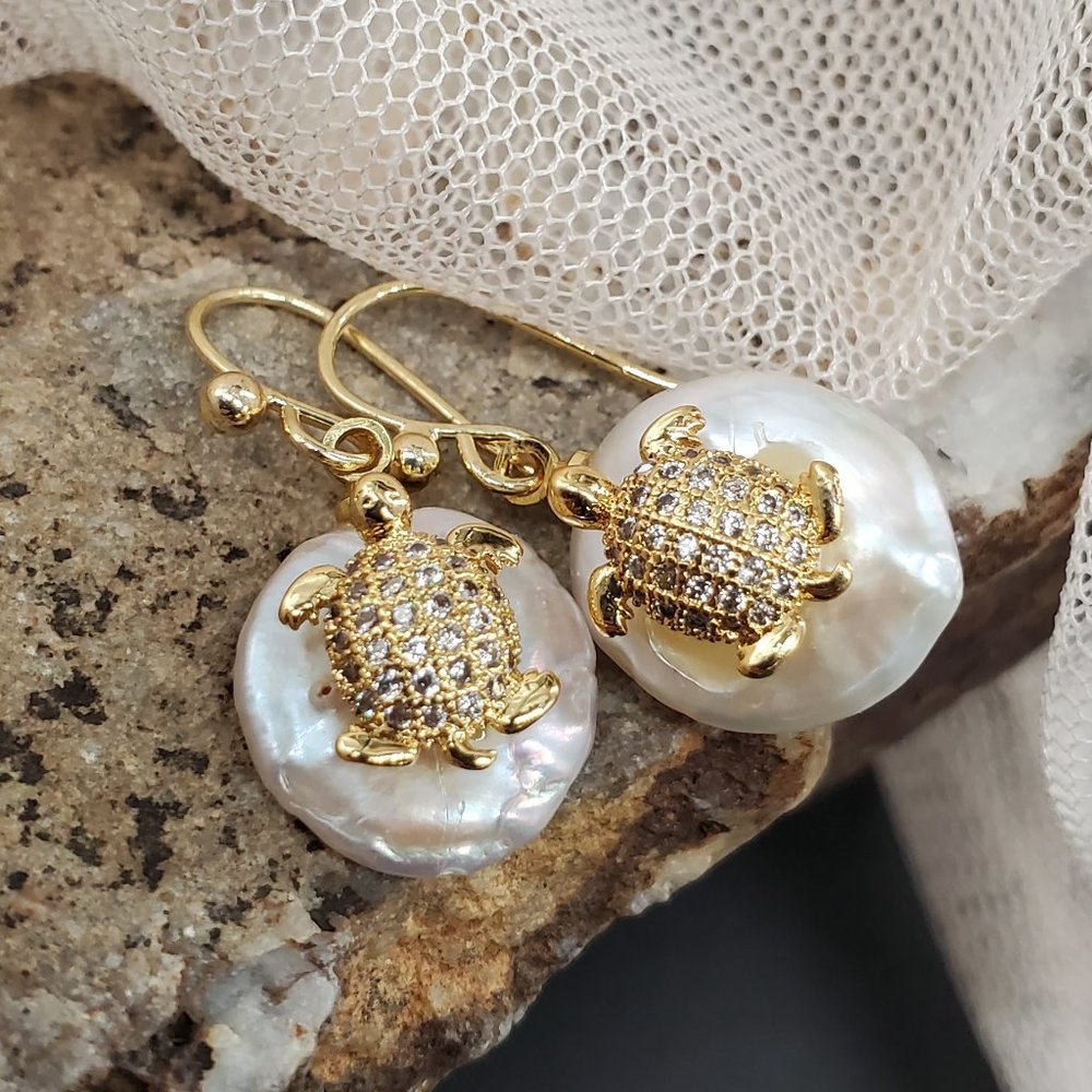 14K Gold Plated Earrings BAROQUE Coin Genuine Pearls Turtle Luxury